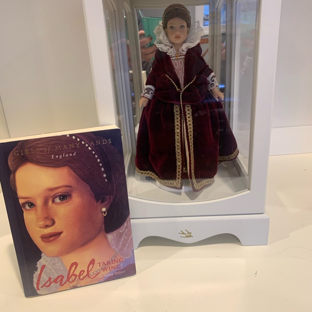 American Girl Display Case with Two Dolls and Books